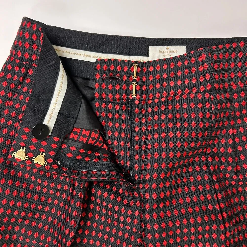 Kate Spade Avery Black & Red Diamond Print  Jacquard Cropped Pants Slacks Sz 0